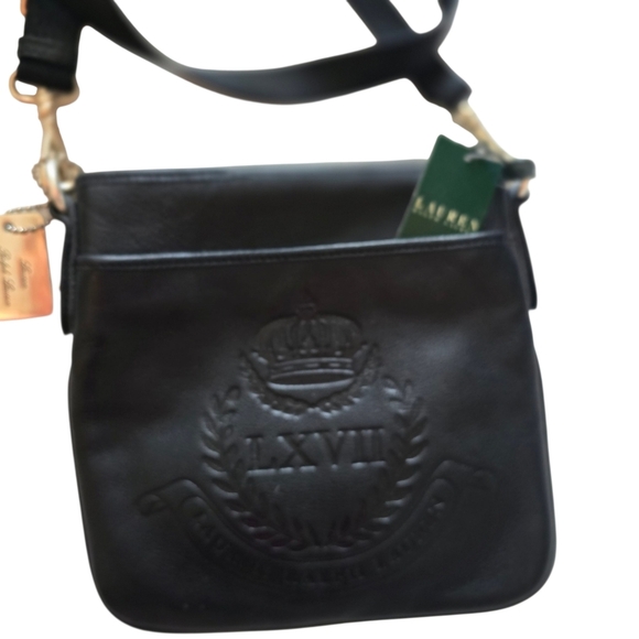 NWT Vintage Ralph Lauren Black Logo Embossed Leather Crossbody Shoulder Bag - Picture 4 of 4